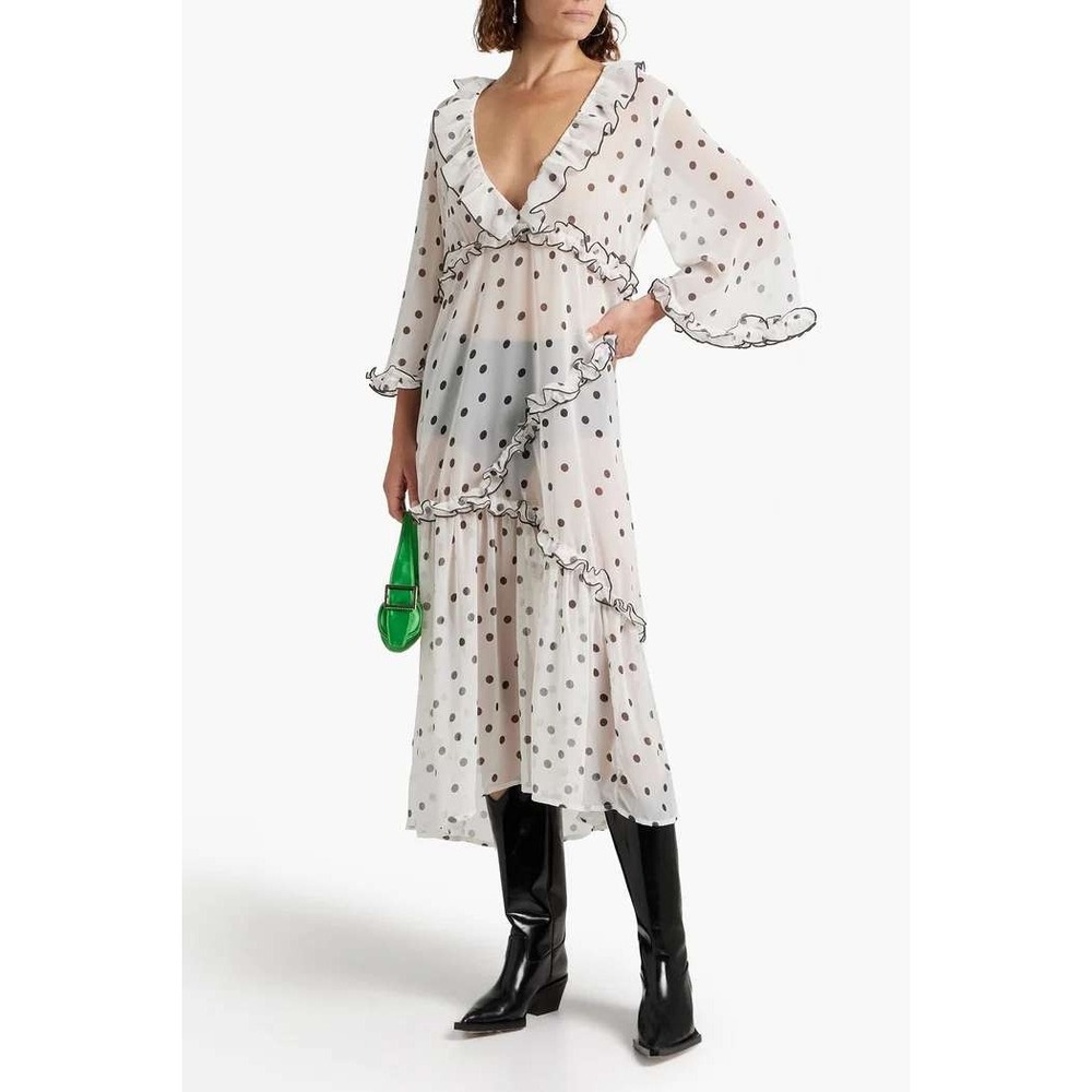 Ganni Sheer Polka Dot Ruffle Midi Slip Dress 42 US 10/12 White Black Bell Sleeve